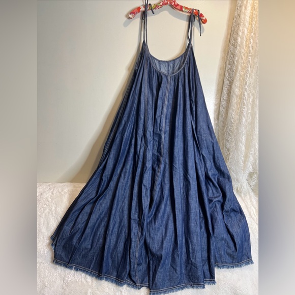 Free People Denim Dreams Denim Chambray Tie Shoulder Seamed Midi Dress XL - Picture 9 of 9